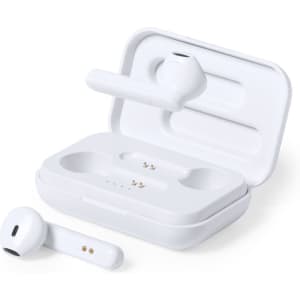 A pair of white antibacterial earphones and their charging case, featuring a logo on the case.
