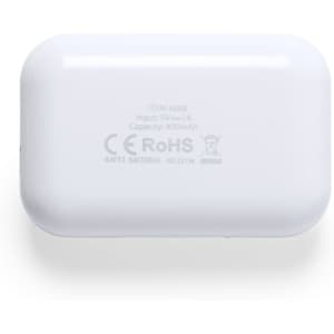 A white charging case for Kikay Antibacterial Earphones, featuring a logo and specifications on the surface.