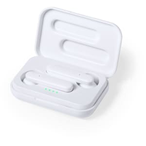 White antibacterial earphones in a compact charging case with indicator lights. The case has a clean, modern design.