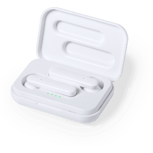 White antibacterial earphones resting in a charging case, featuring a simple design and LED indicator lights.