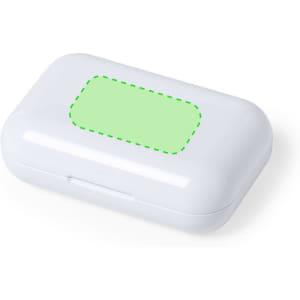 A white case for earphones with a smooth surface and a rectangular green-sectioned area on top.