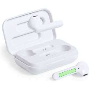 White antibacterial earphones resting in their charging case, featuring a sleek design with a green charging indicator.