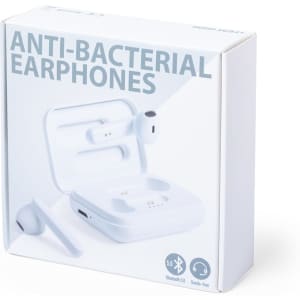 A white box containing antibacterial earphones with a Bluetooth feature and a logo on the packaging.