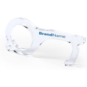 A clear plastic keyring anti-contact tool featuring a logo. It has a loop for attachment and a hook design.
