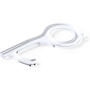 A clear acrylic keyring with an ergonomic design, featuring a circular opening and a small hook.