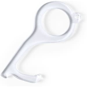 A transparent keyring tool with a loop and hook design for contactless use. Features a branding logo.