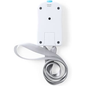 A white Dolim tally counter with a grey ribbon attached. It features a button and a small branding logo.