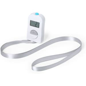 A white Dolim tally counter with a digital display and a silver ribbon attached.