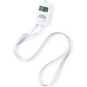 A white digital tally counter with a silver ribbon attached, featuring a display showing the number 21.