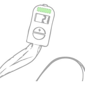 A tally counter in a light grey colour with a simple design and a button, featuring a logo on top.
