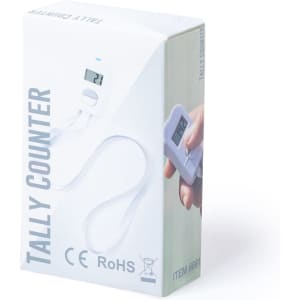 A white box containing the Dolim Tally Counter with a digital display and string for wearing. Features a logo.