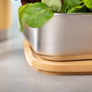 A stainless steel lunch box with leafy greens, placed on a wooden base, set against a neutral background.
