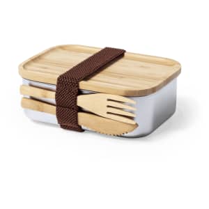 A stainless steel lunch box with a bamboo lid and a brown strap, including wooden utensils.