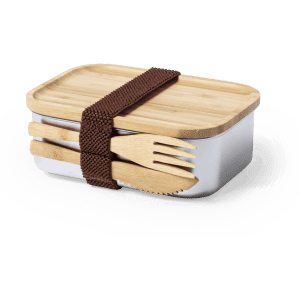 A stainless steel lunch box with a bamboo lid, secured with a brown strap, and includes wooden utensils.