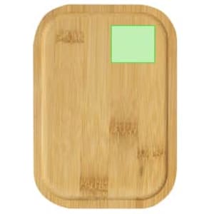 A bamboo lunch box with a smooth surface, featuring a small green square area. It has rounded edges.