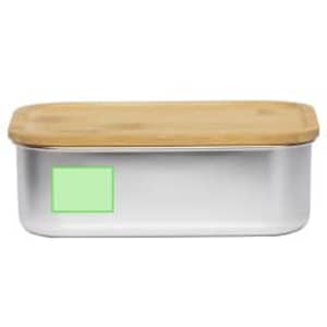 A silver lunch box with a bamboo lid and a green label on the side. Features a simple, modern design.