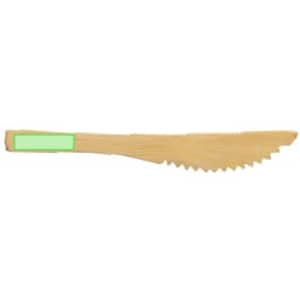 A bamboo knife with a serrated edge, featuring a green area on the handle. It has a natural wood finish.