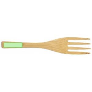 A bamboo fork featuring three prongs and a green accent on the handle.