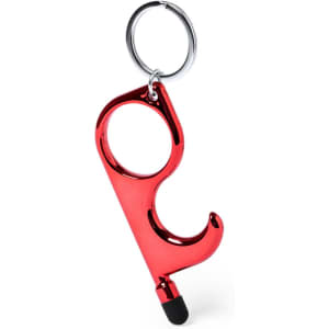 A red metallic keyring tool featuring a hook and touchpoint end for contactless use. It has a silver keyring attachment.