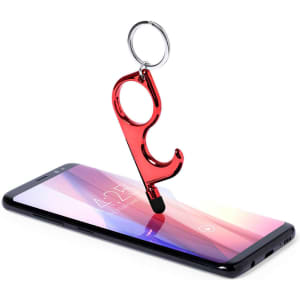 A red keyring tool with a hook design hangs above a smartphone, featuring a metal ring for attachment.