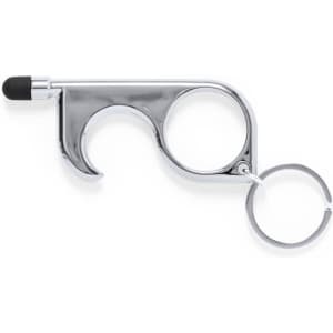 A chrome keyring anti-contact tool featuring a finger grip and a stylus tip for touchscreens.