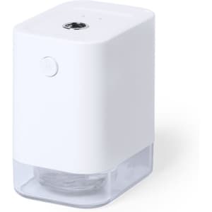 A white automatic hand sanitiser dispenser with a clear base and a compact design. It features a small logo on the front.