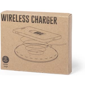 A brown cardboard box for a wireless charger, featuring an illustration of a phone on the charger and a logo.