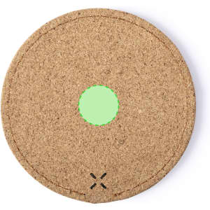 A round wireless charger in natural cork with a green centre, featuring stitching detail and a logo.