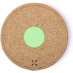 A round, natural cork wireless charger with a green centre. It features stitching detail around the edge.