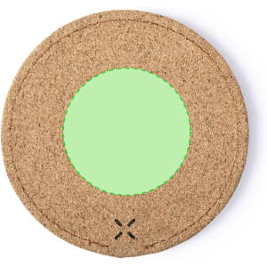 A round wireless charger featuring a natural cork exterior and a green charging surface. It has a minimalist design.