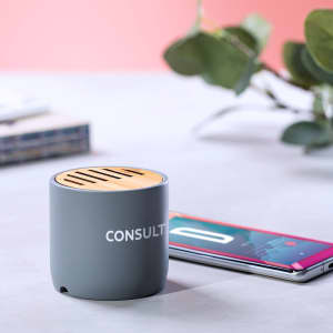 A grey Piler Speaker with a wooden top sits beside a smartphone on a table. The scene features a softly blurred background.