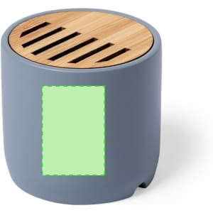 A grey speaker with a bamboo top featuring slits for sound projection and a blank area for branding.