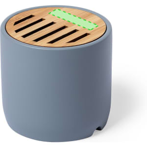 A grey speaker with a wooden top featuring slits for sound, designed for portable use. It has a logo on the side.