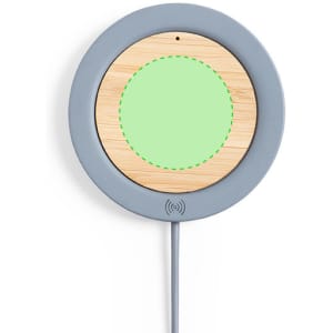 A wireless charger with a grey exterior and a bamboo centre, featuring a logo and a charging cable.