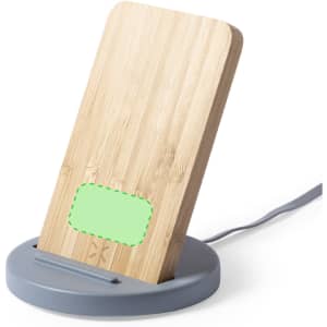 A wireless charger featuring a wooden bamboo top and a grey base, with a circular design and a charging cable.