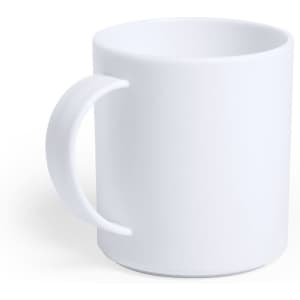A white antibacterial coffee mug with a handle, featuring a smooth design and a branding logo.