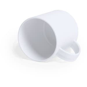 A white antibacterial coffee mug with a handle and a smooth, cylindrical design. It features a logo.