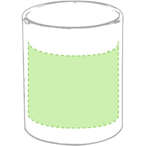 A coffee mug featuring a white body with a green dotted band around the middle and a logo.