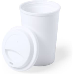 A white plastic cup with a lid, designed for drinks, featuring a simple and sleek design.