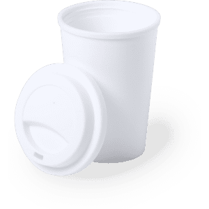 A white plastic cup with a lid, featuring a smooth design and a logo on the surface.