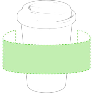 A plastic cup with a lid, featuring a simple design and a green band around its middle.