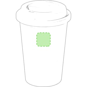 A plastic cup with a lid, featuring a square green section and an unspecified logo.