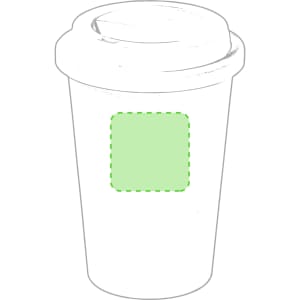 A plastic cup with a round lid and a green rectangular area, featuring a logo.