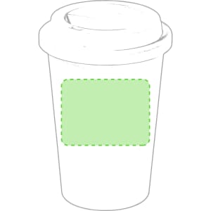 A plastic cup with a green lid and a blank space for custom branding. It features a logo on the cup.