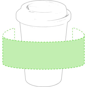 A plastic cup with a lid in a light colour, featuring a blank green band. The cup has a simple design and a logo.