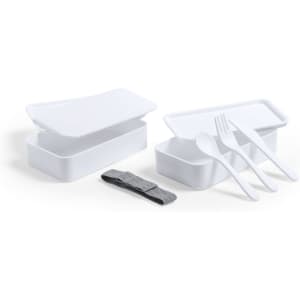 A white antibacterial lunch box featuring two compartments, matching cutlery, and a strap for secure closure.
