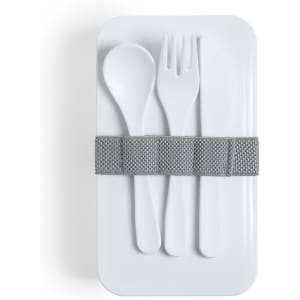 A white lunch box secured with a grey band, containing a spoon, fork, and knife.