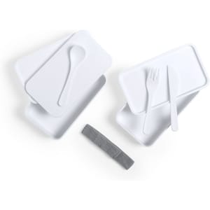 White lunch box containers stacked with a fork and spoon, accompanied by a grey fabric strap for secure closure.