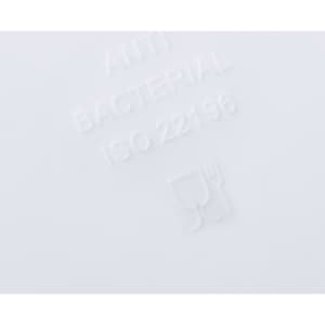 A white lunch box featuring a subtle embossed design and a small logo, indicating antibacterial properties.