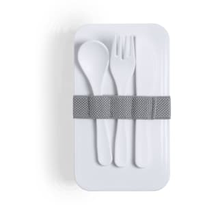 A white lunch box featuring a fork and spoon secured with a grey strap. It has a sleek, modern design.